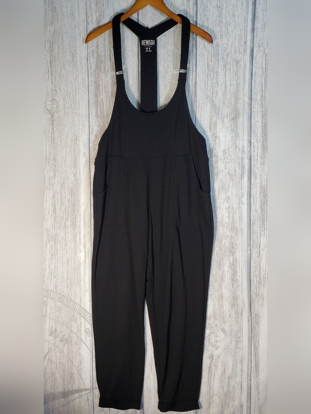 REWASH Black Relaxed Jumpsuit open racerback Adjustable Straps Tapered Legs XL